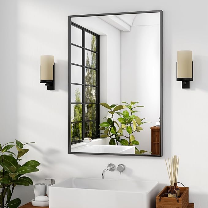 HARRITPURE 28"x20" Framed Bathroom Mirror for Wall Rectangle Mirror Aluminum Alloy Frame Wall-Mounted for Farmhouse Entryway Bedroom Living Room Black