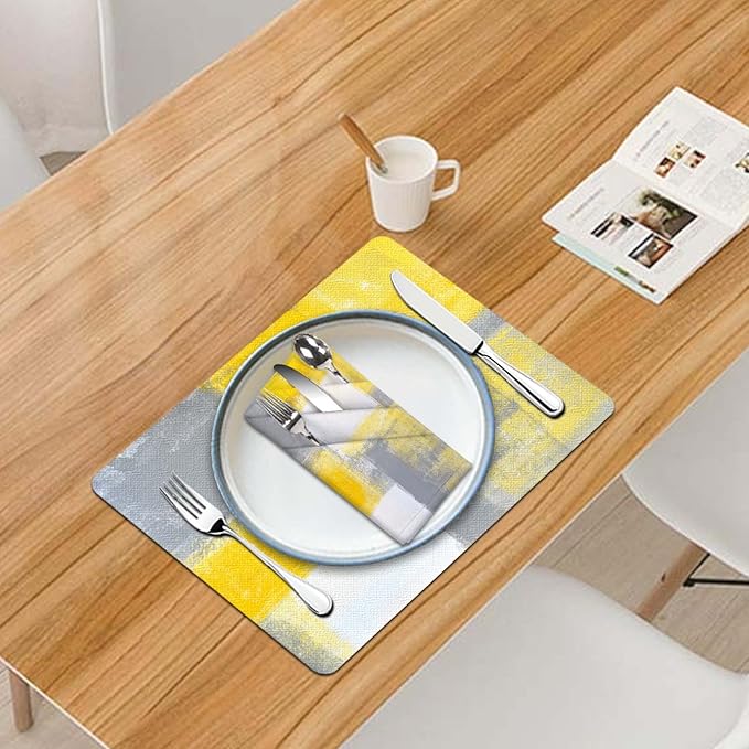MCALK 4 Each Yellow Placemats and Cloth Napkins Set of 8, Modern Abstract Art Painted Placemat for Home Kitchen Decor (Placemats 18 "x12 Cloth Napkins 18 "x18)