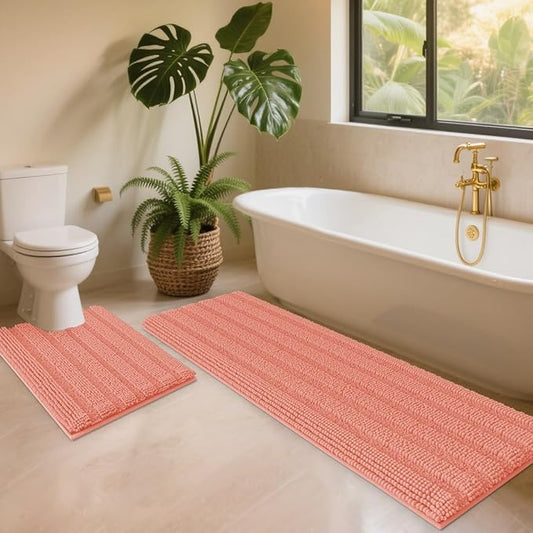 ACCUMTEK Striped Coral Toilet Bathroom Rug Mat Set 2 Piece Rug Ultra Soft, Non Slip Chenille Bath Rugs, Absorbent Plush Shaggy Bath Mats for Bathroom, Bedroom, Kitchen, Shower, Tub