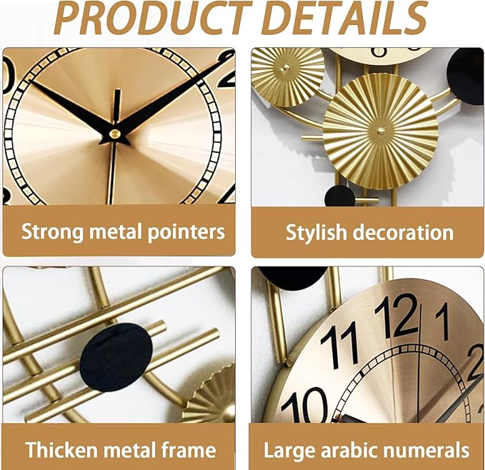 Large Wall Clocks for Living Room,Silent Non Ticking,Battery Operated Oversized Round Modern Wall Clock for Bedroom,Farmhouse,Office Wall Decor-17.8x30.7Inch(Golden)