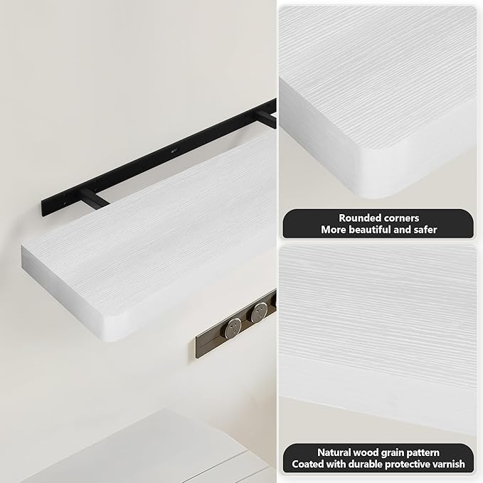 Floating Shelves for Wall, Wood Shelves with Invisible Brackets for Bathroom, Living Room, Bedroom and Kitchen, Long Wall Shelf for Books/Storage/Room Decor, 17 Inch, Set of 2, White