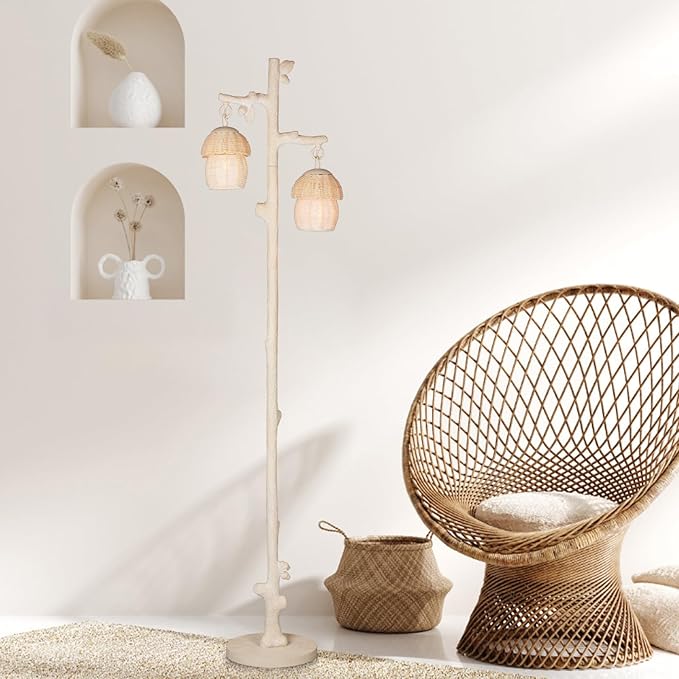 Rattan Floor Lamp with Faux Wood Finish, Boho Floor Lamps with Faux Pinecone and Leaves Decor, Beige