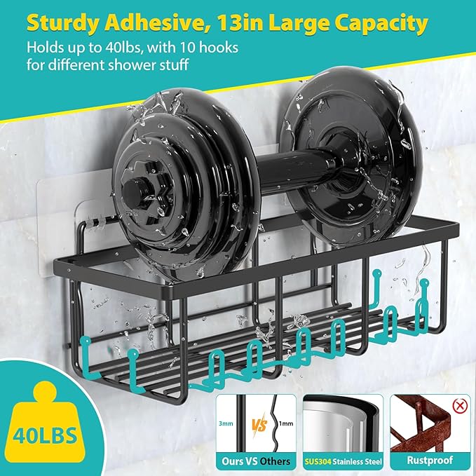 Shower Caddy 6 Pack, 13in Large Capacity Shower Organizer, Sturdy Adhesive Shower Shelf for Inside Shower, Rustproof Stainless Steel Shower Shelves with 10 Hooks