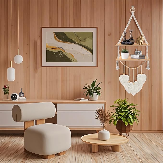Macrame Plant Hanger,Boho Decor Floating Shelves with Leaves , Wood Floating Shelves for Wall No Drilling for Plants Photos,Girls Bedroom Decor Storage Shelf,Ideal Gifts for Housewarming (2 tier)