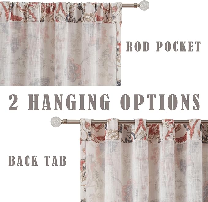 Kayne Studio Backtab Rod Pocket Jacobean Floral Semi Sheer Curtains Botanical Leaf Printed Vintage Farmhouse Navy Red Light Filtering Window Treatment Sets Living Room Bedroom,52"x90",2 Panels