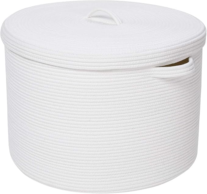 20" x 20" x 15" Extra Large Storage Basket with Lid, Cotton Rope Storage Baskets, Laundry Hamper, Cloth Bin, for Clothes Towels Blankets Pillows Storage in Living Room, Full White Basket with Cover