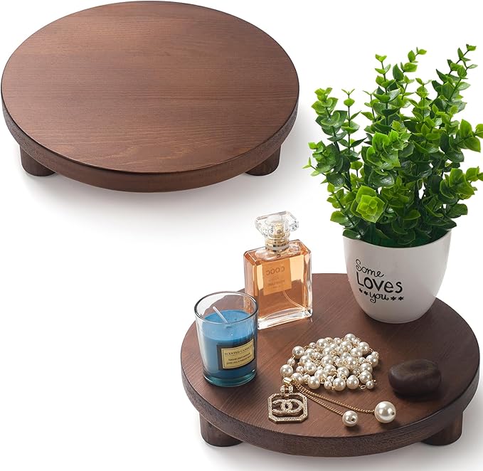 Wood Riser for Decor, 2 Pack Wood Pedestal Stand for Display, Round Wooden Tray for Kitchen Counter, Wooden Pedestal Stand for Plant Pot Indoor (Round - Brown)