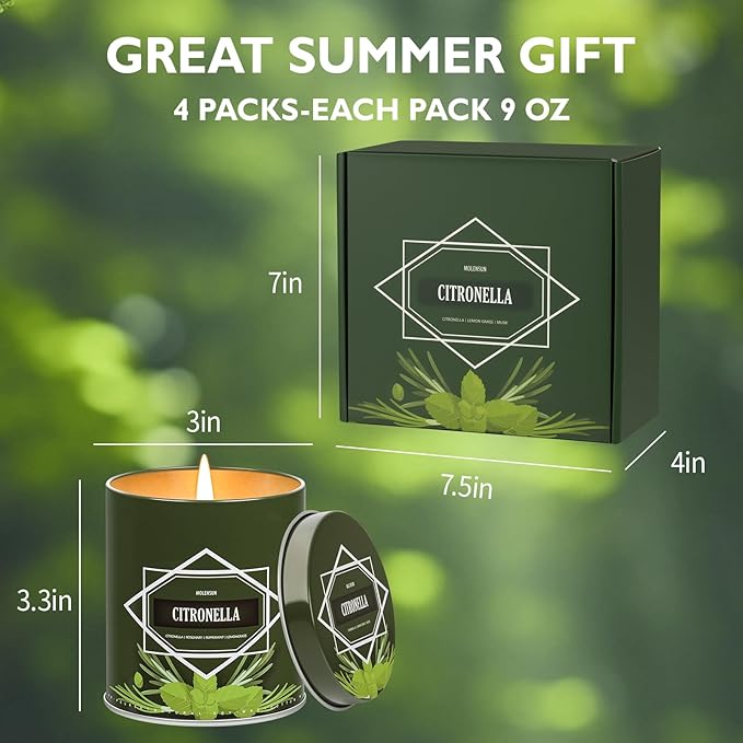 Citronella Candles Outdoor, 4-Pack Citronella Candles for Outside Patio, Camping & Garden, Summer Gifts for Indoor Home Scented, 50-Hour Burn Time, 9 Ounce Each