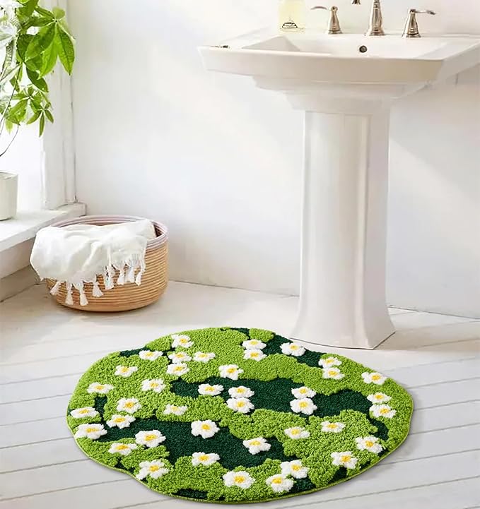 Cute Green Floral Large Bathroom Rugs Bath Mat 3ft Non Slip Washable, Modern Chic Boho Aesthetic Trendy Funky Microfiber Shaggy Tufted Moss Rugs for Bedroom Dorm Nursery Bathroom Kitchen