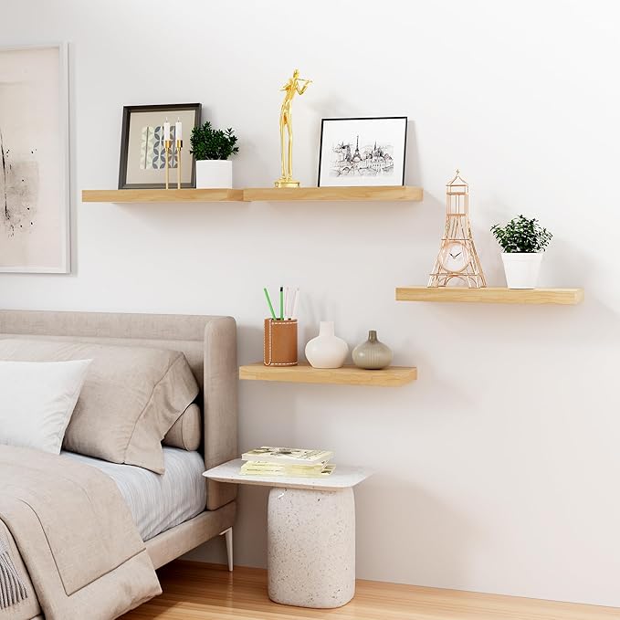 Bellsal Floating Shelves for Wall, Maple Wood Wall Shelf Set of 4, 16" Wall Mounted Floating Shelf for Kitchen, Living Room, Bedroom, Bathroom Storage, Book Shelfs for Home Decor Frame Display