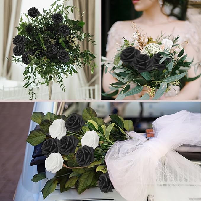 100PCS Black Artificial Flowers Roses Real Looking Foam Fake Roses with Leaves and for DIY Wedding Bouquets Bridal Shower Centerpieces Party Decorations (Black, 100)