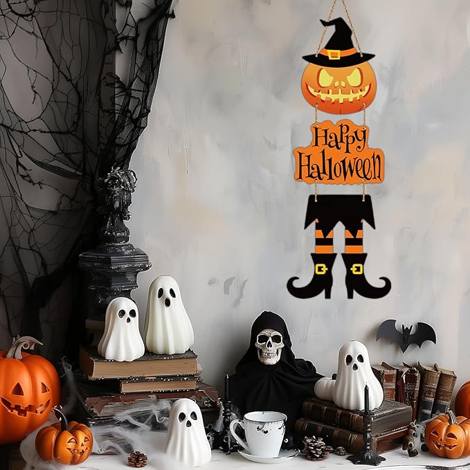 Halloween Door Decorations Halloween Wreath Witch Legs Front Door Hanger Scary Pumpkin Witch Hat Hanging Sign Wooden Wall Decor for Room Party Indoor Home Decor