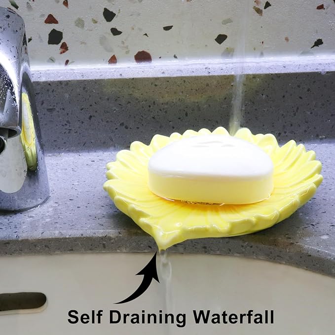 Self Draining Soap Dish Inspired by Daisy Flower Ceramic Waterfall Soap Dish Soap Savers for Bathroom,Shower,Bar Counter