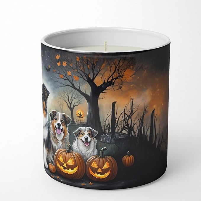Caroline's Treasures DAC2009CDL Australian Shepherd Spooky Halloween Decorative Soy Candle Nature Soy Wax Essential Oil Home Decor Ideal for Bedroom Kitchen Bath Office Gift, 10 oz