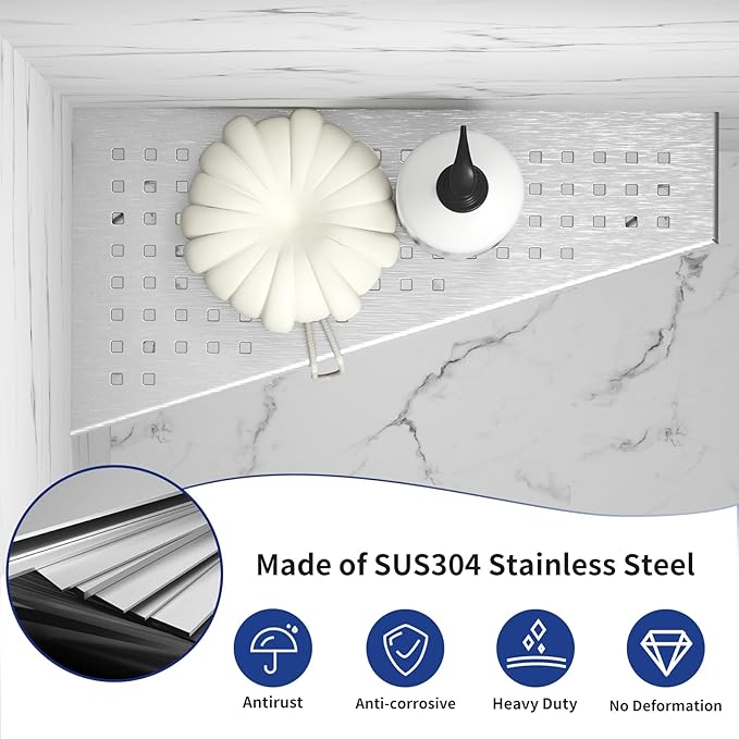 Corner Shower Shelf, 12" Trapezoid Floating Shelf, 304 Stainless Steel Grid Design Recessed Bathroom Shelf for Tiled Wall, No Drilling