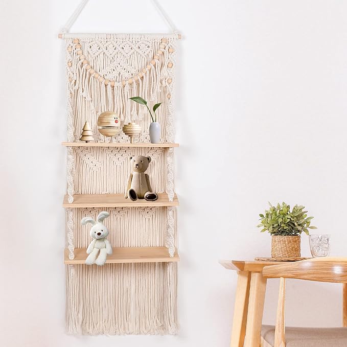 Macrame Wall Hanging Shelf for Wall Decor 3 Tiers Handmade Boho Wall Floating Shelf Hanging Plant Hanger Organizer with Wood Beads for Aesthetic Bedroom Living Room Decor