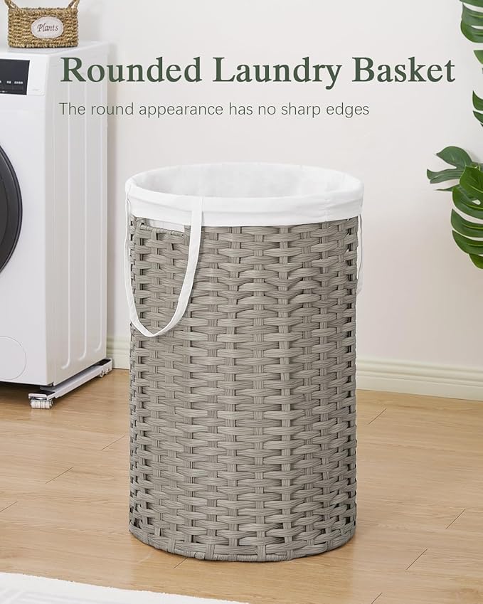 Large Laundry Hamper Laundry Basket Round 34.3 Gal (130 L) Handwoven Wicker Laundry Baskets Rattan Laundry Basket with Removable Bag Handles 2 Mesh Bags for Living Room Bedroom Gray