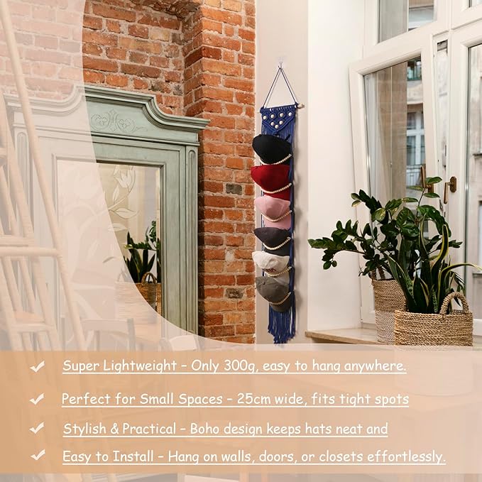 Ball Cap Hanger-1 Pack-Boho Macrame Cap Holder Wall Hat Organizer for Baseball Cap Holder Over Door, Hat Rack for Wall, Cap Rack for Decoration and Display(Blue)