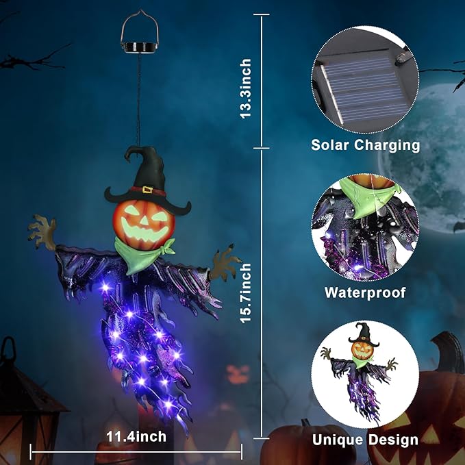ILLUMINEW Solar Halloween Metal Hanging Decorations Outdoor, Solar Powered Lighted Metal Pumpkin with Glowing Eyes for Halloween Outdoor Tree, Wall, Porch, Patio Decor (Pumpkin)