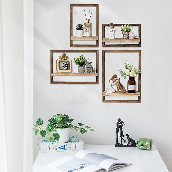Wood Wall Shelves for Bedroom Farmhouse - Rustic Floating Shelf Decorative Storage Shelving Wall Mounted Decor with Frame for Living Room