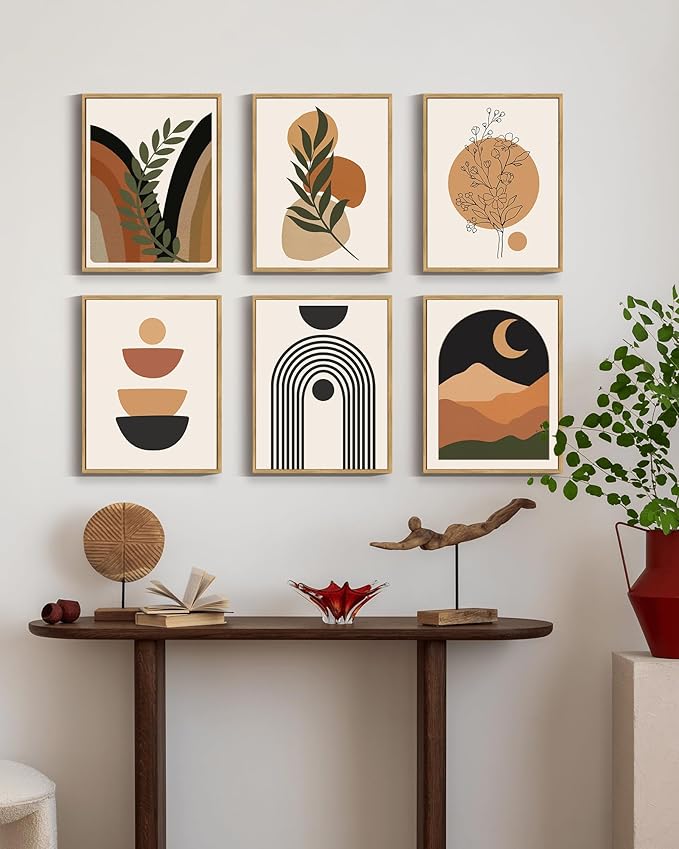 Drsoum Boho Wall Decor Framed Wood Wall Art Mid Century Modern Canvas Abstract Boho Room Decor Bohemian Painting for Bedroom Kitchen Office Home Decor 11x14in - Natural Framed