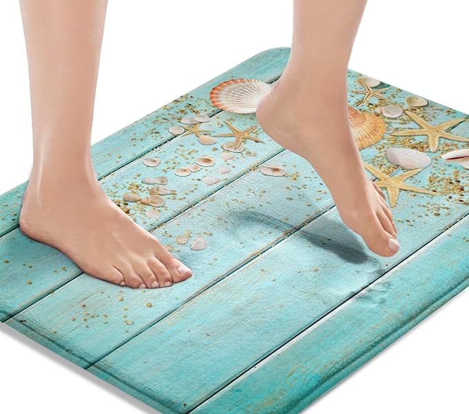 Britimes Bath Mat for Bathroom, Beach Shell Sea Collection Vintage Boho Washable Cover Floor Rug Carpets Floor Mat Bathroom Decorations 16x24 Inches for Kitchen Bedroom