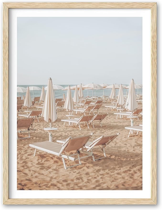 Natural OAK Wood Framed Italy Beach Wall Art,12x16in Amalfi Coast Canvas Wall Print,Positano Seascape White Beach Chair Wall Decor for Living Room, Bedroom,Office Gallery Set of 1