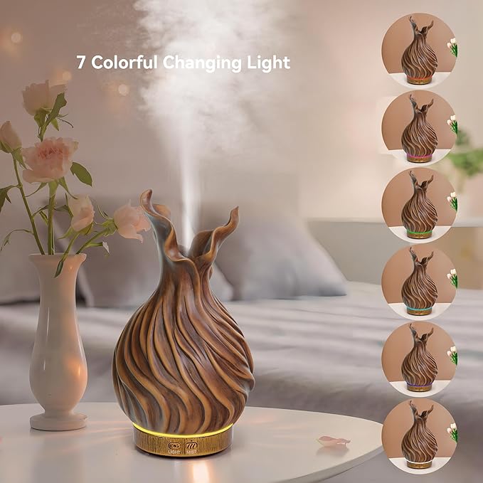 200ml Essential Oil Diffuser for Home, Wood Grain Cover Aromatherapy Diffuser, Cool Mist Humidifier with Safe Auto Shut-Off and 2 Mist Modes & 7 Color LED Night Lights for Office Room (VASE03)