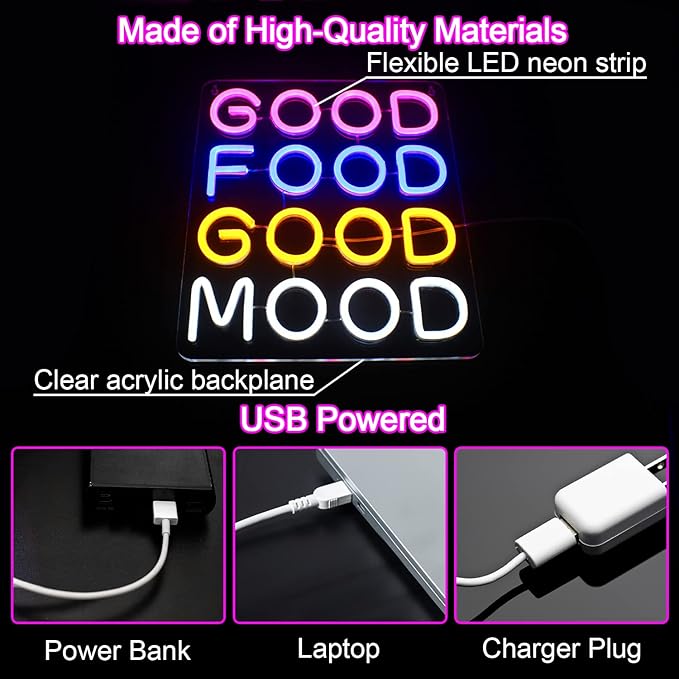 Good Food Good Mood Neon LED Sign, Food Neon Signs for Wall Decor, Good Food Good Mood Neon Light with USB Powered for Snack Shop, Restaurant, Fast Food