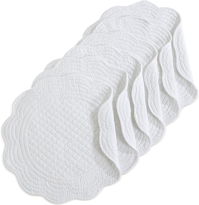 HOMBYS Quilted Placemats Set of 6 Washable Round Placemats for Kitchen Table-100% Cotton Fabric 13 Inch Round Table Mats, Cotton Fabric with Microfiber Filling, (13"x13", Pure White)