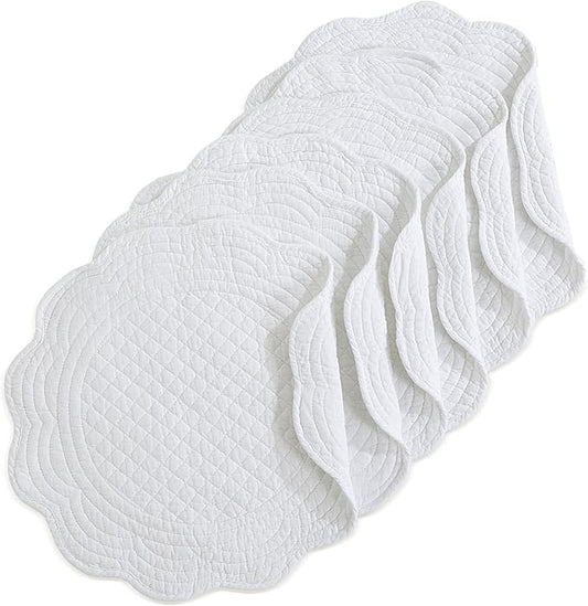 HOMBYS Quilted Placemats Set of 6 Washable Round Placemats for Kitchen Table-100% Cotton Fabric 13 Inch Round Table Mats, Cotton Fabric with Microfiber Filling, (13"x13", Pure White)