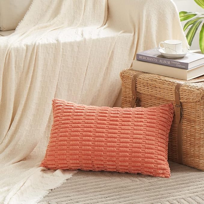 Fancy Homi 4 Packs Boho Coral Decorative Throw Pillow Covers 12x20 Inch for Living Room Couch Bed Sofa, Rustic Modern Farmhouse Home Decor, Soft Plush Corduroy Peach Cute Square Cushion Case 30x50 cm