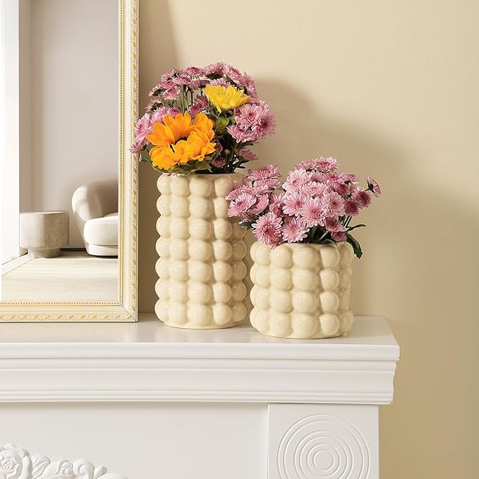 Bubble Vases, Set of 2 Ceramic Vase for Flowers, Boho Ceramic Flower Vases for Decor, Tall Bubble Vase for Living Room, Dining Table, Wedding, Mantel, Coffee Table(Beige)