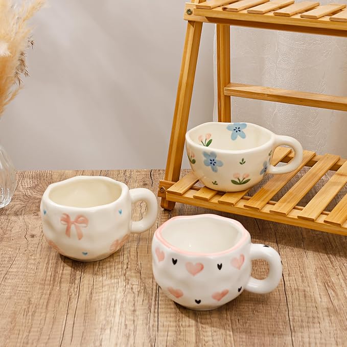 Koythin Ceramic Coffee Mug, Handmade Hot Chocolate Mugs, Cute Cup for Girl Women, Aesthetic Tea Milk Cup with Handle, 8.5 oz/250 ml for Latte, Cocoa, Office, Home (Blue Tulip Flowers)