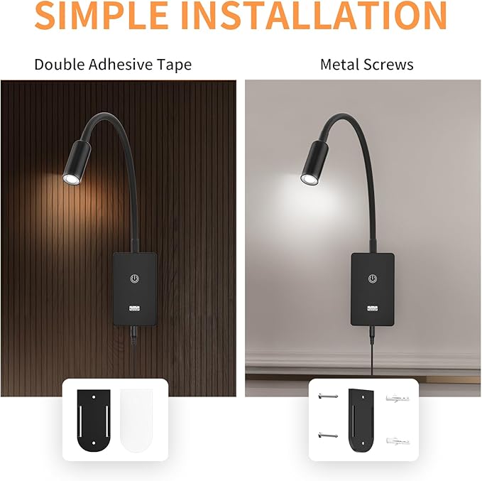 Touch Dimmable LED Wall Mount Bedside Spot Lamp, Black Flexible LED Wall Sconce Reading Light for Bedroom, 4 Brightness Levels (100%- 70%- 35%- 15%), Neutral White Lighting, 5V2A USB Output