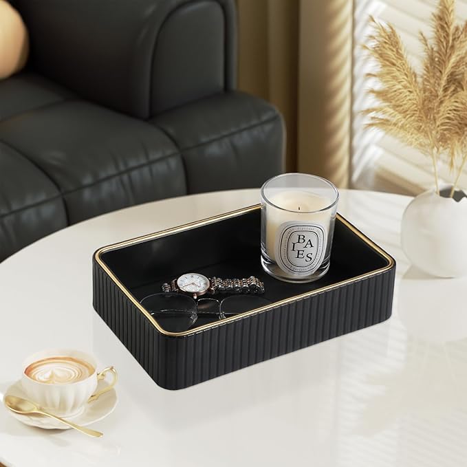 Desk Organizer Tray, PU Leather Valet Tray Nightstand Organizer Cologne Perfume Tray for Men Women, Decorative Vanity Tray Key Bowl Trinket Dish Bathroom Bedroom Accessories (Black)