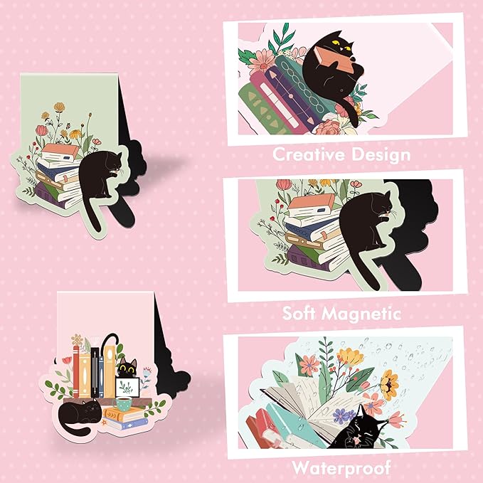 Black Cat Magnetic Bookmarks: 12 Pcs Cute Cat Magnet Book Page Markers, Pretty Flower Animal Book Mark Clips for Reading, Gifts for Kids Women Students Book Lovers Office School Supplies