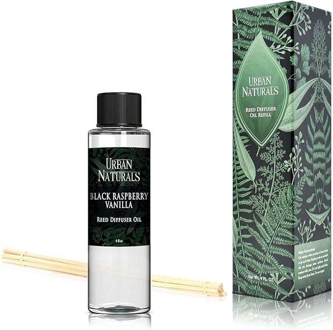Urban Naturals Black Raspberry Vanilla Reed Diffuser Refill, 4 oz, Bundle with Black Raspberry Vanilla Reed Diffuser Set - Made with Essential Oils in The USA