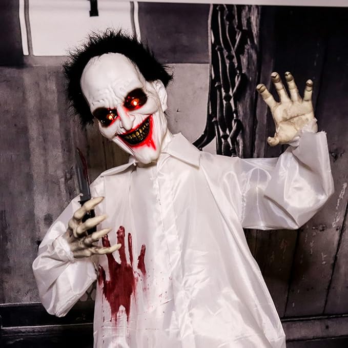 Haunted Hill Farm Life-Size Scary Animatronic Doctor with Touch Activated Lights and Sounds, Indoor or Covered Outdoor Spooky Halloween Decorations for Home or Haunted House, Battery-Operated