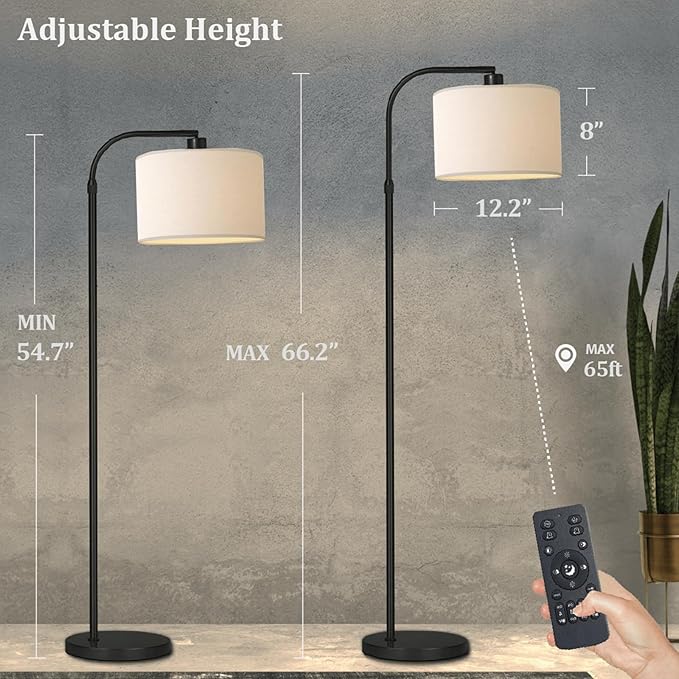 Black Floor Lamp with Remote Control, Adjustable Height Arc Floor Lamps for Living Room, Black Standing Lamp Dimmable Floor Lamp for Bedroom, Office, 1000 Lumens LED Smart Bulb Included,