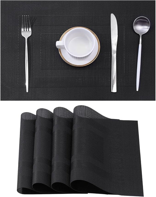 Leetaltree Black Frame Placemats Set of 4 - Heat Resistant Non-Slip Place mats for Dining Table, Washable Durable PVC Vinyl Woven Table Mats(Black Frame, 4)