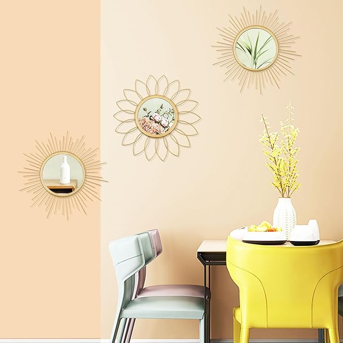 3 Pack Metal Mirrors for Wall Sunburst Wall Mirrors Home Décor Decorative Hanging Wall Art for Living Room Bedroom Entryway (Gold, Flower+Sunburst)