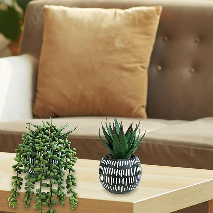 Winlyn Set of 3 Small Artificial Succulent Potted Plants Faux Aloe Hops Hanging Succulent in Black Concrete Planters for Gift Home Office Bathroom Living Room Wedding Windowsill Table Shelf Desk Décor