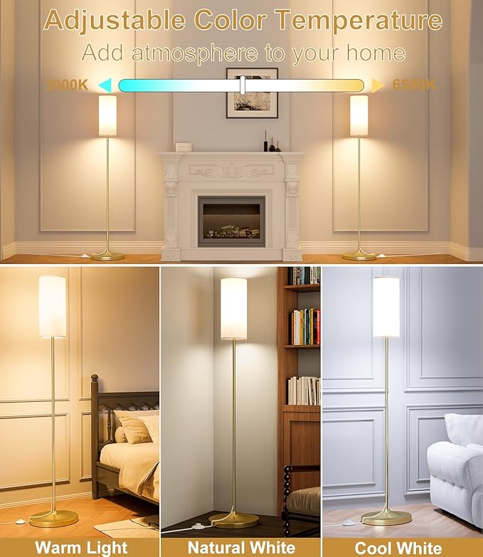 luckystyle LED Floor Lamp for Living Room, Dimmable Standing Lamps with Foot Switch,Remote Custom Color Temperature Gold Pole Lamp with Lampshade,12W Led Bulb Tall Lamps for Bedroom Office Kid Room
