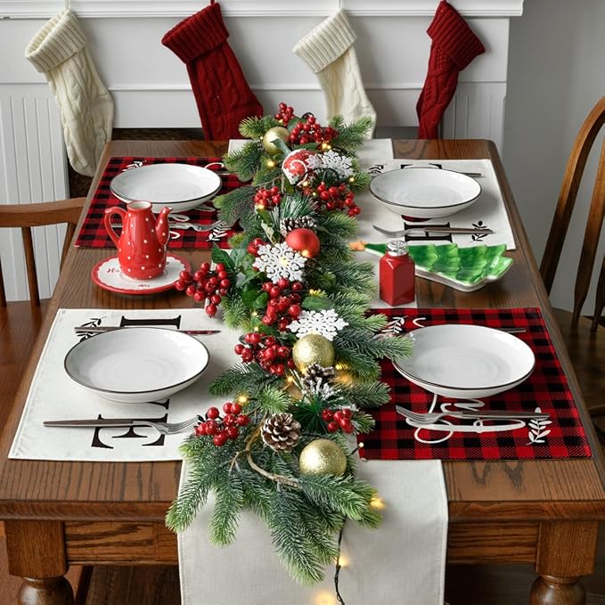 Artoid Mode Placemats for Dining Table Red Buffalo Plaid Love Home Family Together, 12 x 18 Inch Winter Holiday Washable Table Mat Set of 4