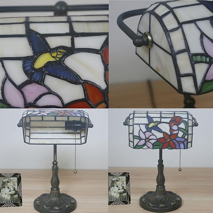 Bird Lamp Tiffany Style Bankers Lamp Table Lamp Stained Glass Bird Flower Lamp Shade Piano Desk Lamp Vintage Bedroom Bedside Lamp for Livingroom Office Study,Antique Alloy Base,Zipper Switch,A bird