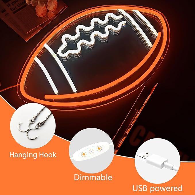 Football Neon Signs for Wall Decor Dimmable Neon Football Light for Bedroom Football Room Decor for Boys Girls Room Football Neon Wall Sign for Man Cave Game Room Birthday Decoration