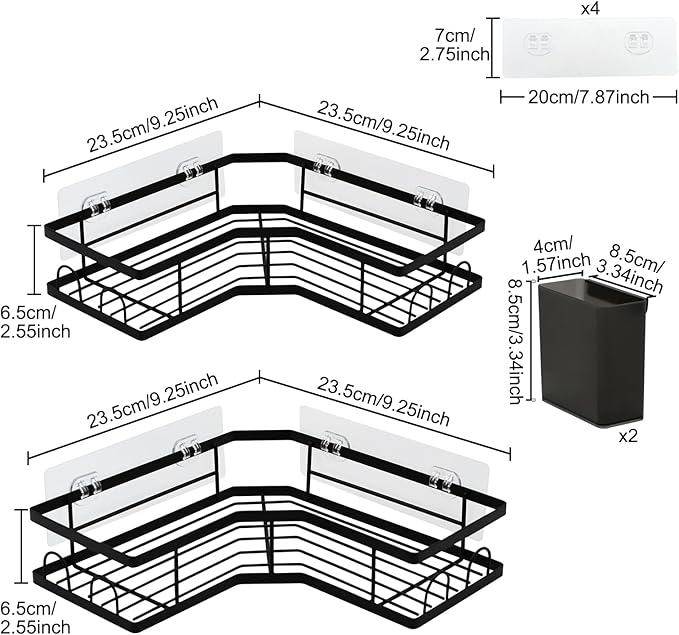Adhesive Corner Shower Caddy, 2 Packs Shower Organizer Shelves No Drilling Stainless Steel Shower Storage Rack with Hooks & 2pcs Toothpaste Holders for Bathroom Rustproof, Space Saving (Black 4pcs)
