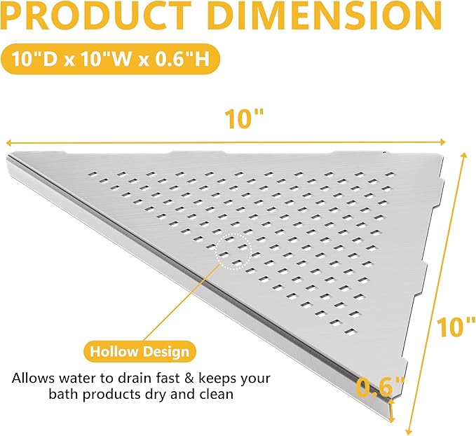 Neodrain 10 Inch Brushed Shower Shelves Corner Shelf for Tile Wall,304 Stainless Steel Corner Shower Shelves for Bathroom, Floating Corner Shelves for Shower Wall, No Drilling(Set of 2