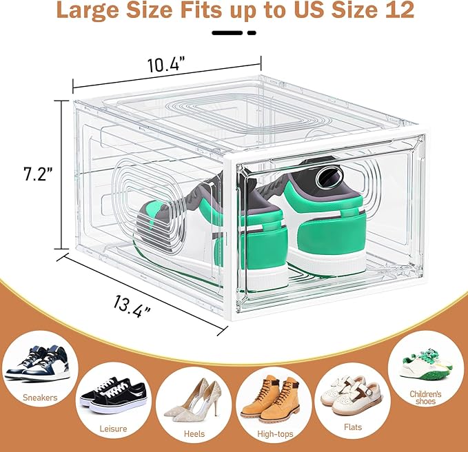 6 Pack Thicken Shoe Organizer Stackable,Upgraded Sturdy Shoe Storage Box with Magnetic Door,Shoe Containers for Sneaker Display,White